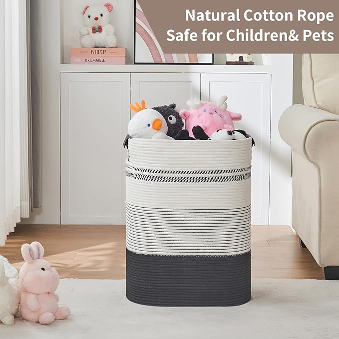 AINUOQI Laundry Basket with Handles - Blanket Basket & Hampers for Bedroom Aesthetic, Laundry Hamper & Blanket Storage for Living Room, Clothes Hamper, Tall, Large 17" x 14" x 22”, Black & White