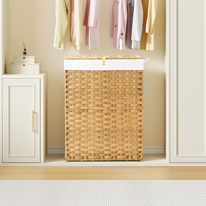 GREENSTELL Laundry Hamper with Lid, 90L Clothes Hamper with 2 Removable Liner Bags & 2 Mesh Laundry Bags, Handwoven Synthetic Rattan Laundry Basket for Clothes, Toys in Bathroom, Bedroom Natural