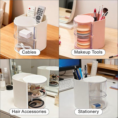 Hair Accessories Organizer & Hair Brush Holder, Rotating Hair Tie Product Organizer for Girls, 2-Tier Makeup Brush Holder for Clips, Small Jewelry Box for Clip Earring Necklaces Bows & Brushes White