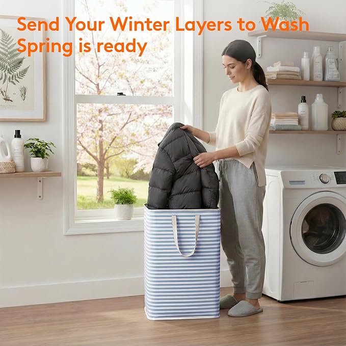 Lifewit 2 Pack Laundry Basket 80L Each, Collapsible Clothes Hamper with Reinforced Handles, Freestanding Waterproof Design for Bedroom and Laundry Room, Grey&Blue 160L Total