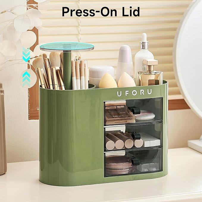 UFORU Makeup Organizer with Pop-Up Brush Holder for Dresser Vanity, Plastic Bathroom Counter Organizer with 3 Drawers & Dust-Proof Cover, Cosmetic Display Case for Lipstick, Skincare, Vintage Green