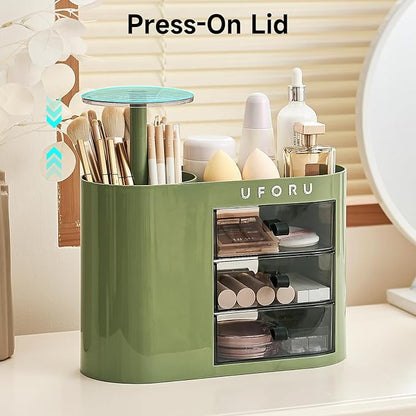 UFORU Makeup Organizer with Pop-Up Brush Holder for Dresser Vanity, Plastic Bathroom Counter Organizer with 3 Drawers & Dust-Proof Cover, Cosmetic Display Case for Lipstick, Skincare, Vintage Green