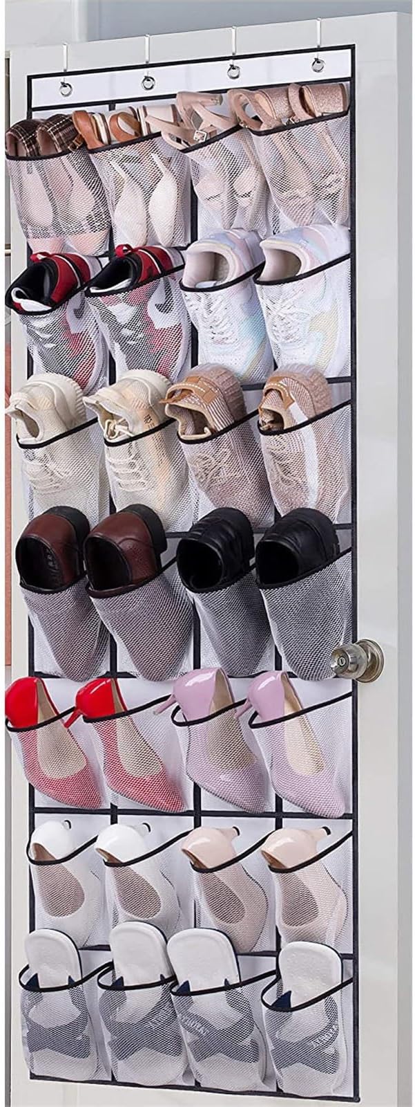 Shoe Rack for Closet Front Door Entrance Entryway Cabinet Hanging Organizer,Shoe Organizers Over The Door Bedroom Bathroom Space Saving Portable Clear 28 Pocket Mesh Breathable Hanger(White)