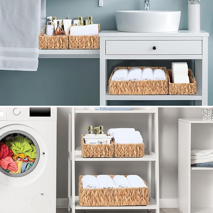 Rattan Storage Baskets, Handwoven Wicker Storage Bins with Built-in Handles, Storage Container Baskets for Shelves, Bedroom, Bathroom, Laundry Room or Kitchen(Natural)