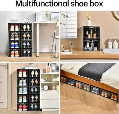 INSTY 12 Pack Large Shoe Storage Box, Clear Shoe Storage Organizer with Magnetic Door, Stackable,Shoe Containers For Display Sneakers, Easy Assembly, Fit up to US Size 12, Black