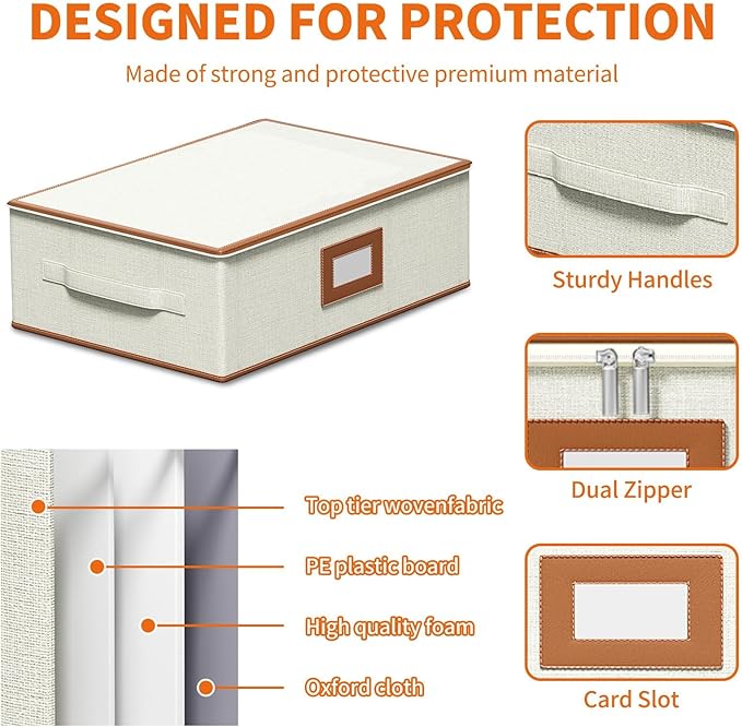 Aokeyee 2-Pack Cup & Mug Storage Box with Dividers, Hard Shell Organizer with Lid, Handles, Zippers & Label Slot, Holds 24 Mugs, Teacups & Glasses, Stackable Containerfor Moving & Protection, Ivory