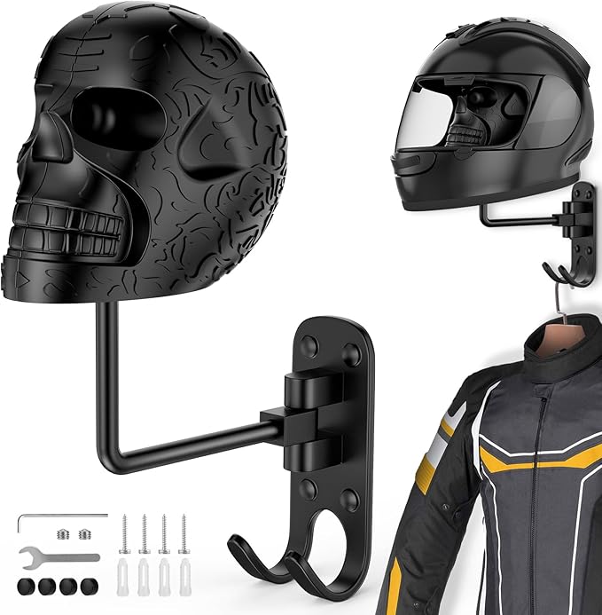 Motorcycle Helmet Holder (2 Pack) Wall Mount, Helmet Hanger 180° Rotation Helmet Rack with Double Hook for Football Helmet, Bicycle Helmet, Hat, Cap, Sportswear, Motorcycle Accessories
