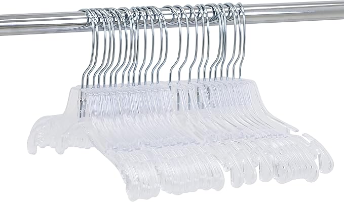 12 inch Wide Reinforced Clear Plastic Child Shirt Hangers with Swivel Hook and Notched Shoulders (Quantity 100) (Clear, 100)