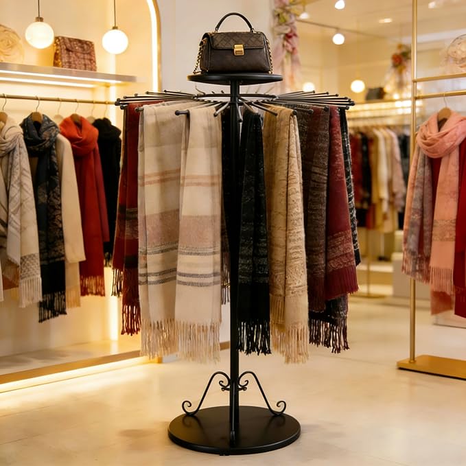Black 360°Rotating Scarf Display Tie Rack Belt Hanger Shawl Hijab Stand, Boutique Retail Display Stand Home Organizer Holder for Commercial Clothing Store, Bedroom(49.2in, 30 Hanging Rods)
