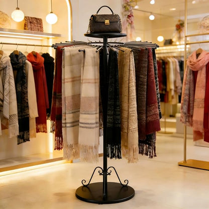 Black 360°Rotating Scarf Display Tie Rack Belt Hanger Shawl Hijab Stand, Boutique Retail Display Stand Home Organizer Holder for Commercial Clothing Store, Bedroom(49.2in, 30 Hanging Rods)