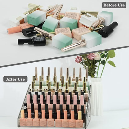 Nail Polish Organizer,7 Layers Acrylic Display Rack with 120Pcs Color Display Tips,Nail PolishDip Powder Acrylic Display Rack,Makeup Organizer No Tool Needed(Clear)