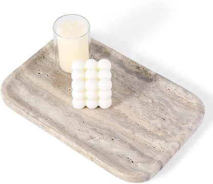 Karibiber Marble Vanity Trays, Travertine Bathroom Tray, Decorative Tray for Dresser Countertop, Grey Stone Serving Holder for Kitchen, Storage Trays for Perfume, Jewelry Candle Organizer