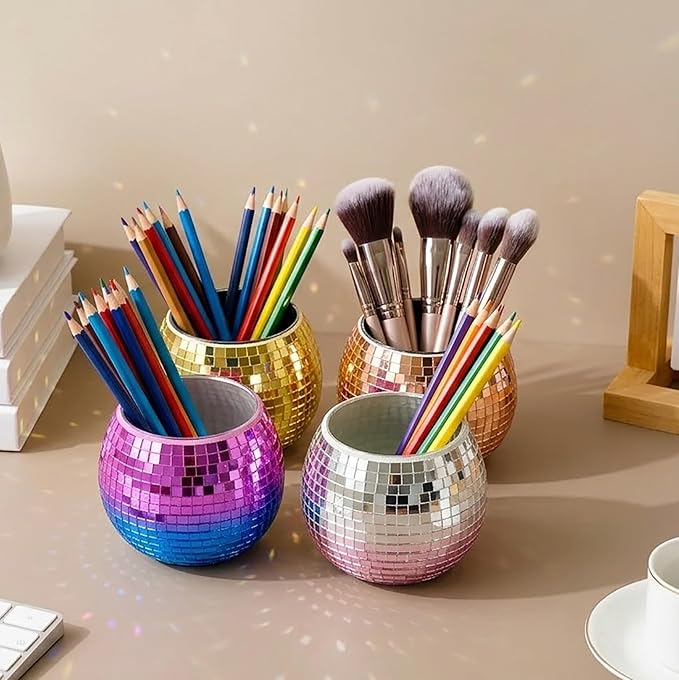 Glass Disco Ball Pen Holder with Smooth Grouting - Premium Mirror Mosaic Pencil Cup for Desk, Cute Makeup Brush Holder, Aesthetic Room Decor Gift (Iridiscente)