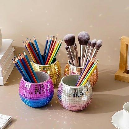 Glass Disco Ball Pen Holder with Smooth Grouting - Premium Mirror Mosaic Pencil Cup for Desk, Cute Makeup Brush Holder, Aesthetic Room Decor Gift (Iridiscente)