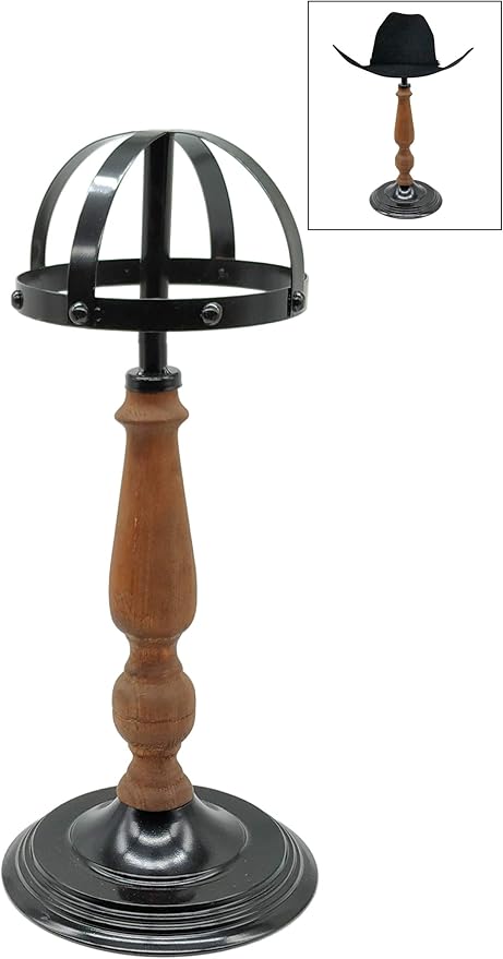 Owlgift Vintage Style Metal & Rustic Brown Wood Stem Freestanding Black Metal Hat Rack/Wig Holder Storage Display Stand (Black)