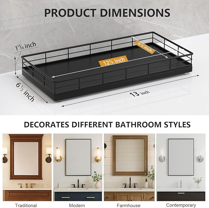 Toilet Paper Basket Organizer – Oak Wood Toilet Tank Tray with Metal Frame, Bathroom Counter Top Storage for Toilet Paper, Wipes & Decor, Modern Narrow Back of Tank Shelf Organizer, Black