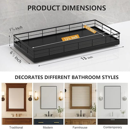 Toilet Paper Basket Organizer – Oak Wood Toilet Tank Tray with Metal Frame, Bathroom Counter Top Storage for Toilet Paper, Wipes & Decor, Modern Narrow Back of Tank Shelf Organizer, Black