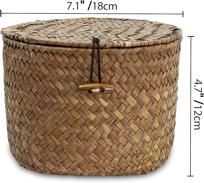 Seagrass Handmade Basket with Lid, Small Round Basket for Storage, Decorative Home Organizer Decor(7"L x 7"W x 5"H, Coffee)