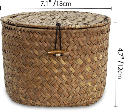 Seagrass Handmade Basket with Lid, Small Round Basket for Storage, Decorative Home Organizer Decor(7"L x 7"W x 5"H, Coffee)