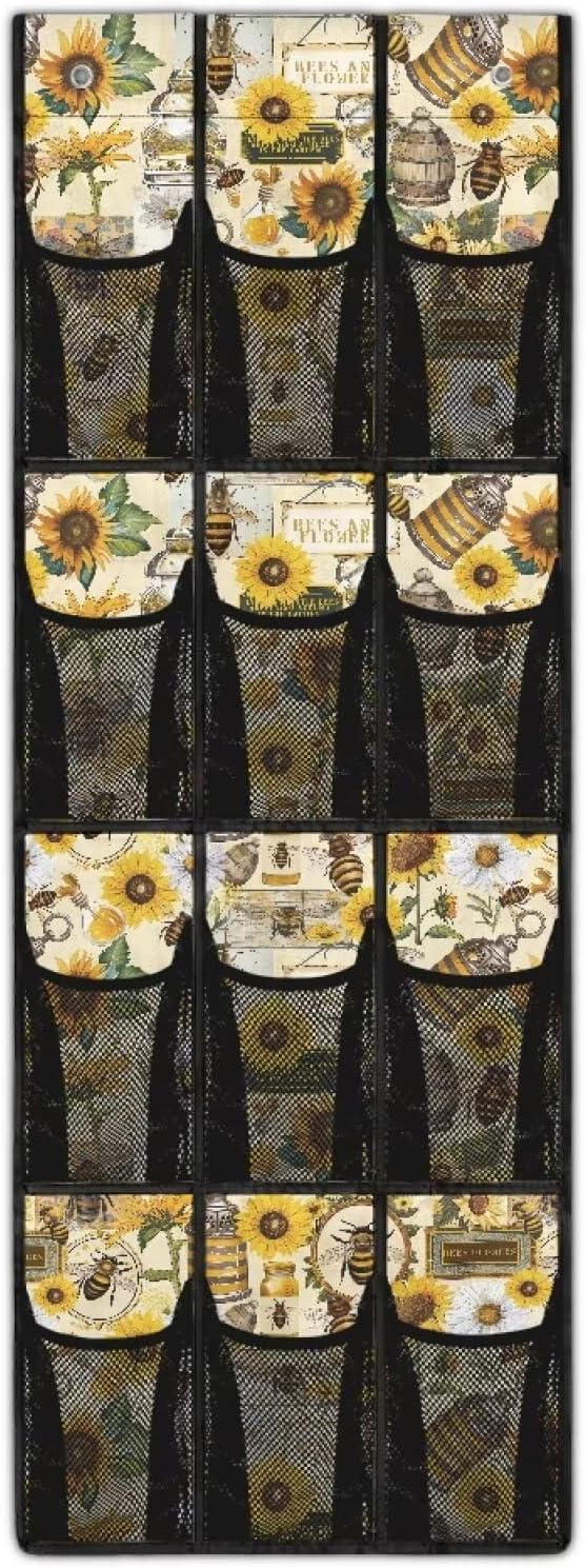 Sunflower Bee Over The Door Hanging Shoe Organizer,Door Back Organizer,Pantry Organizers and Storage,Stable Spice Rack with 12 Mesh Large Pockets for Kitchen,Bathroom