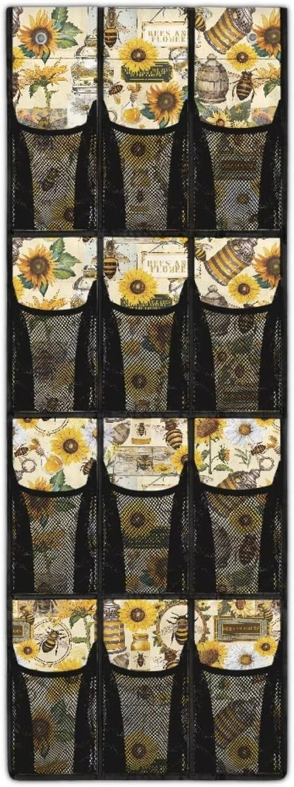 Sunflower Bee Over The Door Hanging Shoe Organizer,Door Back Organizer,Pantry Organizers and Storage,Stable Spice Rack with 12 Mesh Large Pockets for Kitchen,Bathroom