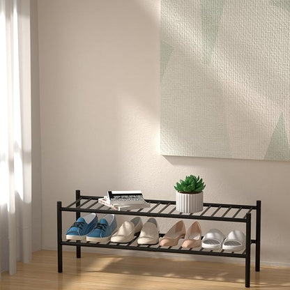 ROMGUAR CRAFT 2-Tier Bamboo Long Shoe Rack, Free Standing Wood Shoe Shelf Storage Organizer for Closet Entryway Stackable 35"x11"x13" (Black)