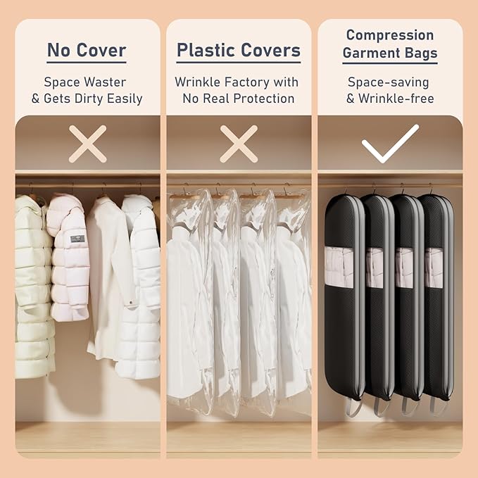 DIMJ 3 Pack 43" Garment Bags for Hanging Clothes - Space Saving Compression Suit Bag Travel with Handles Window, Washable Carry Clothing Storage Cover for Dress, Coats, Down Jacket, Shirts