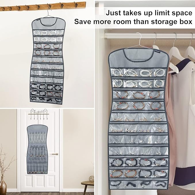 Dual sided Jewelry Hanging Organizer Closet Necklace Holder for Earrings Bracelets Rings with 42 Clear Pockets and 17 Hook Loops (Grey