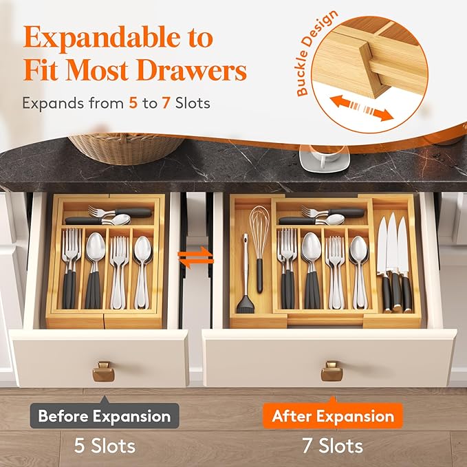 Lifewit Silverware Drawer Organizer, Expandable Utensil Tray for Kitchen, Flatware and Cutlery Holder, Wood Adjustable Storage for Spoons Forks Knives, 9.4-15.7x13", Natural