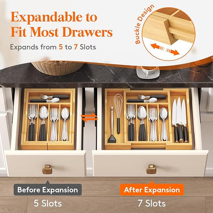 Lifewit Silverware Drawer Organizer, Expandable Utensil Tray for Kitchen, Flatware and Cutlery Holder, Wood Adjustable Storage for Spoons Forks Knives, 9.4-15.7x13", Natural