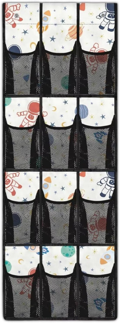 12-Pocket Storage Hanging Bag Behind the Door, Over the Door Organizer for Shoes Toys and Bathroom Essentials, Fabric Door Organizer for Bedroom Closet Dorm, Astronaut Rocket Planet