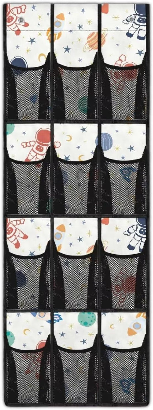 12-Pocket Storage Hanging Bag Behind the Door, Over the Door Organizer for Shoes Toys and Bathroom Essentials, Fabric Door Organizer for Bedroom Closet Dorm, Astronaut Rocket Planet