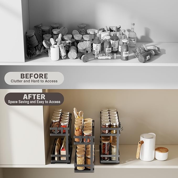 Magheo Pull Out Spice Rack Organizer for Cabinet, 1 Pack Metal Seasoning Organizer Slide Out Spice Storage Shelf No Assembly Vertical Spice Rack Pullout for Kitchen & Bahthroom No Drill(2 Tier,Black)