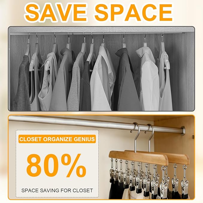 Closet Organizer with 10 Clips, 2 Pack Legging Organizer for Closet 10 Clips, Space Saving Hanging, Wooden, Multifunctional Storage for Clothes, Leggings, Sock, Jeans & More