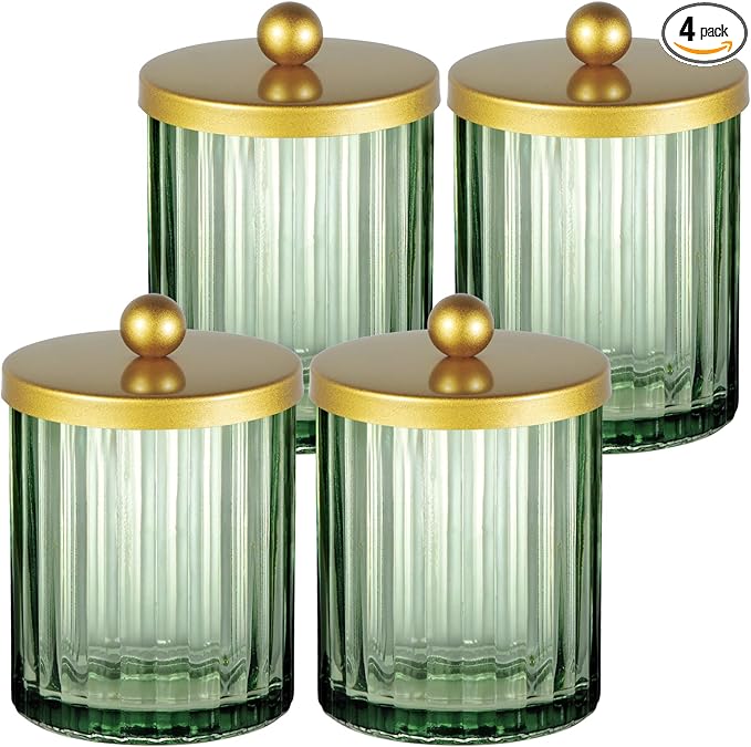 Amolliar Sage Green Glass Qtip Holder Dispenser, Bathroom Canister Apothecary Jar for Cotton Swabs, Cotton Balls, Round Pads, Floss Picks, Countertop Storage Organizer Container for Vanity,Gold 4 Pack