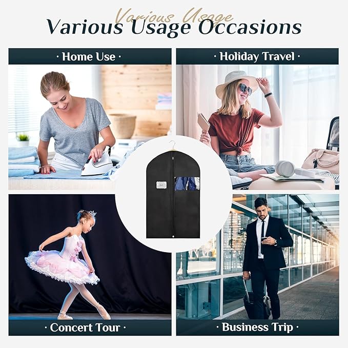 43" Black Garment Bags for Hanging Clothes Storage and Men Travel with Car, Hanging Suit bag Cover with Zipper, Clear Window and Name Tag for Shirt, Jacket, Suit, Coat (1)