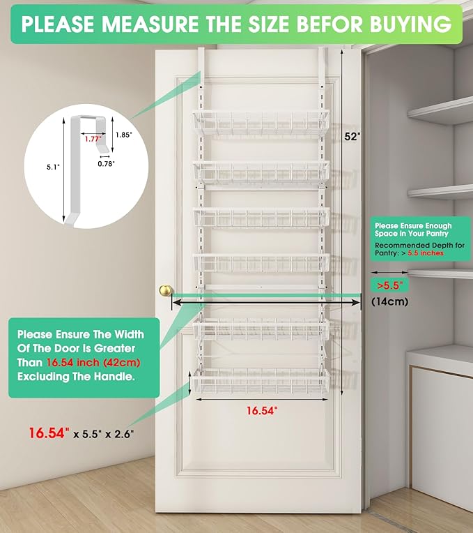 Mefirt Over The Door Pantry Organizer, Wall Mount Spice Rack, Pantry Hanging Storage and Organization, 6 Adjustable Baskets Heavy-Duty Metal for Home & Kitchen, Back of Door Seasoning Rack - White