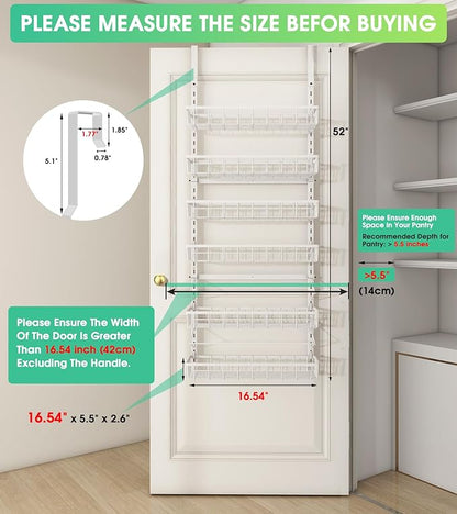 Mefirt Over The Door Pantry Organizer, Wall Mount Spice Rack, Pantry Hanging Storage and Organization, 6 Adjustable Baskets Heavy-Duty Metal for Home & Kitchen, Back of Door Seasoning Rack - White