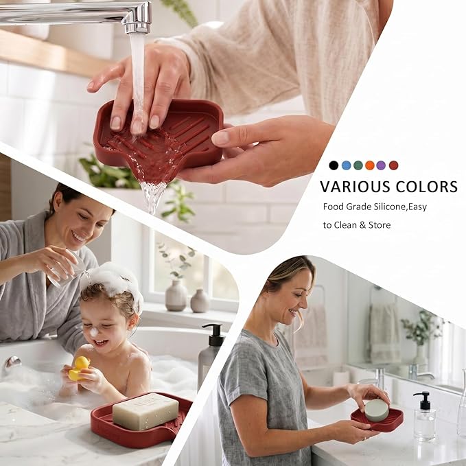 MicoYang Silicone Bathroom Soap Dishes with Drain Spout-Bathroom and Kitchen Sink Organizer,Sponge Holder,Dish Soap Tray,Perfect for Dispenser,Scrubber,Bottle,Cup on Sink or Counter-Red 4.9"×3.2"