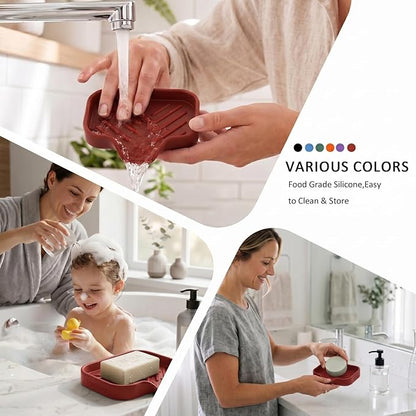 MicoYang Silicone Bathroom Soap Dishes with Drain Spout-Bathroom and Kitchen Sink Organizer,Sponge Holder,Dish Soap Tray,Perfect for Dispenser,Scrubber,Bottle,Cup on Sink or Counter-Red 4.9"×3.2"
