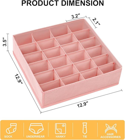 Sock Organizer 4 Pack - 24 Cell Foldable Underwear & Sock Storage, Drawer Organizer for Ties, Belts. (Pink)