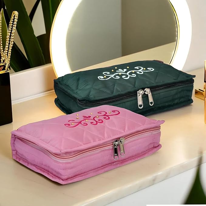 Kuber Industries Embroidery Design Satin Jewellery Pouch Cum Makeup Kit, Pack of 2 (Green & Pink)