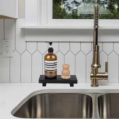 Bathroom Counter Organizer Wood Pedestal Stand Farmhouse Decorative Tray Soap Holder for Kitchen Decor, Small, Black