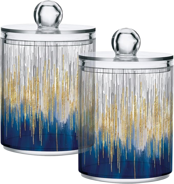 4 Pack Apothecary Jars with Lid, Gold & Blue, Qtip Holder Storage Jars for Cotton Swab, Cotton Round Pads, Clear Plastic Canisters for Bathroom Vanity Organization (10 Oz)