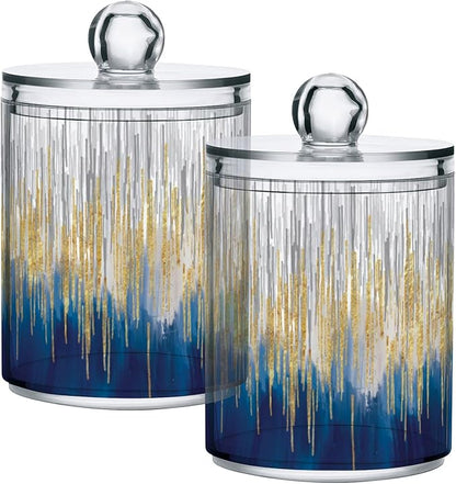4 Pack Apothecary Jars with Lid, Gold & Blue, Qtip Holder Storage Jars for Cotton Swab, Cotton Round Pads, Clear Plastic Canisters for Bathroom Vanity Organization (10 Oz)