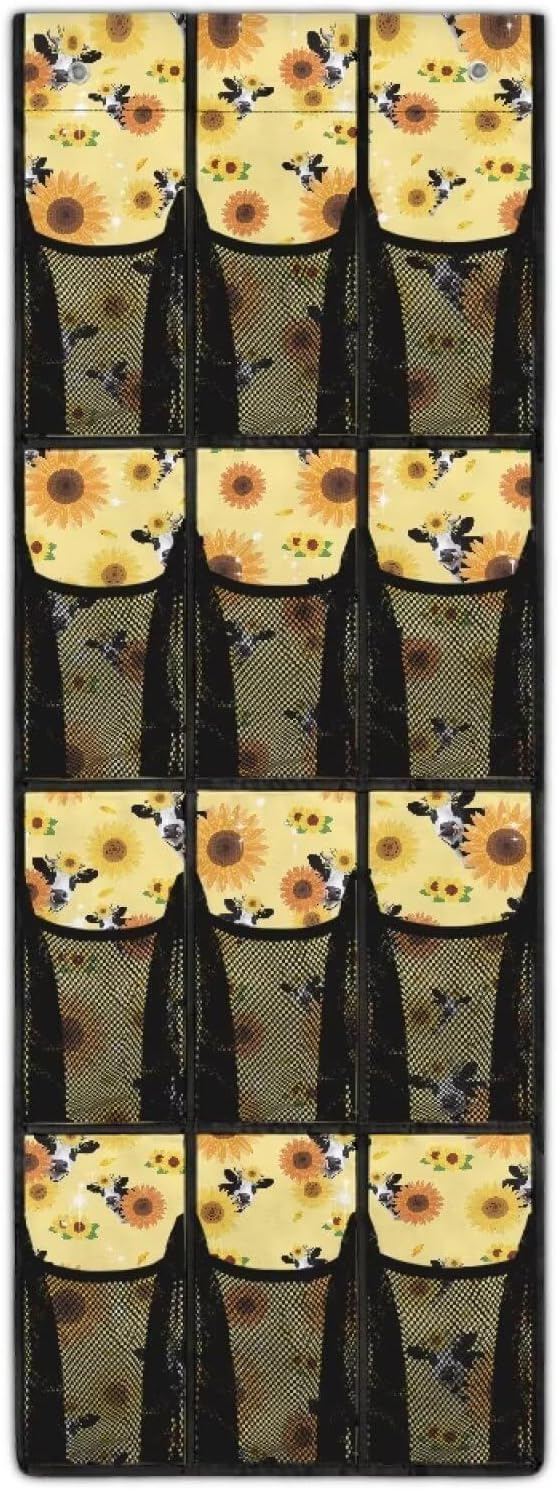 Sunflower Cow Over the Door Shoe Organizer 12 Large Mesh Pockets Sturdy Oxford Fabric Door Shoe Organizer Hanging Shoe Rack for Door