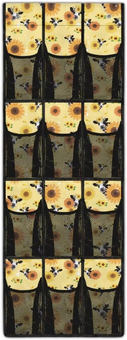 Sunflower Cow Over the Door Shoe Organizer 12 Large Mesh Pockets Sturdy Oxford Fabric Door Shoe Organizer Hanging Shoe Rack for Door