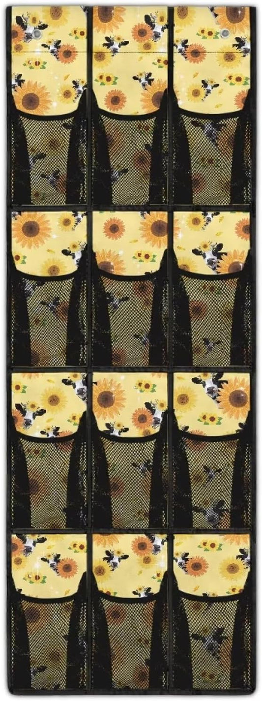 Sunflower Cow Over the Door Shoe Organizer 12 Large Mesh Pockets Sturdy Oxford Fabric Door Shoe Organizer Hanging Shoe Rack for Door