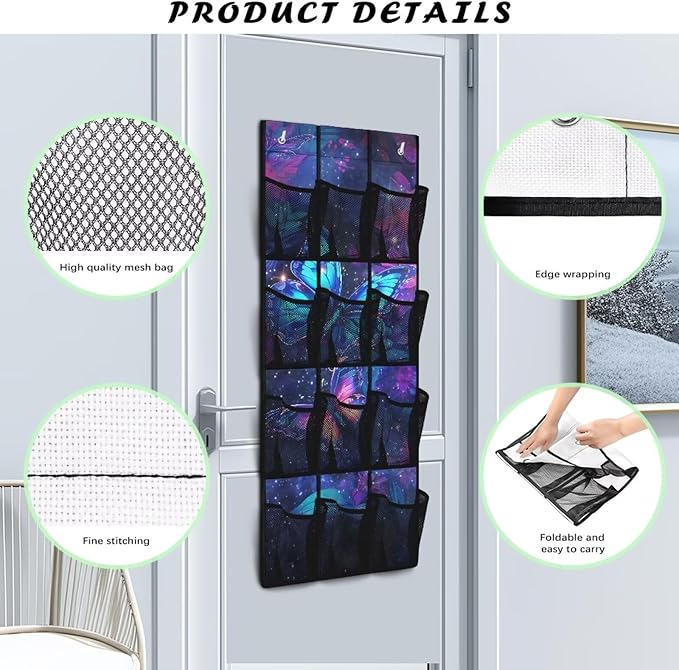 Over the Door Storage Organizer 12 Mesh Pockets, Heavy Duty Home Organization for Kitchen, Office, Dorm Rooms,Purple Butterfly
