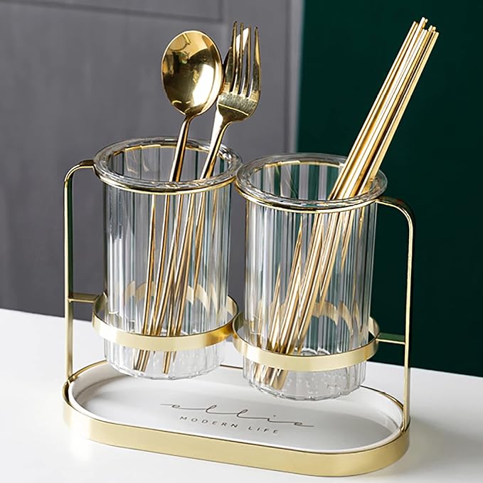 Utensils Silverware Holder with Metal Bracket, Cutlery Caddy, Flatware Spoon Fork Knife Tabletop Organizer for Party Kitchen Dining Room - Gold